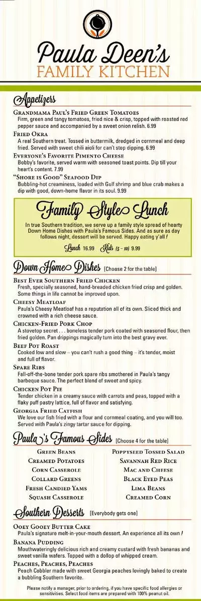 paula deen pigeon forge lunch menu