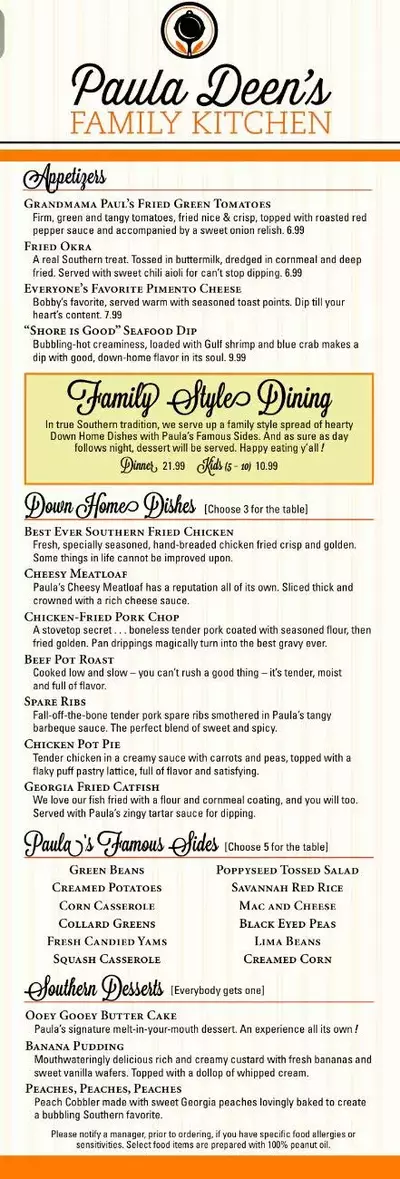 paula deen pigeon forge dinner menu