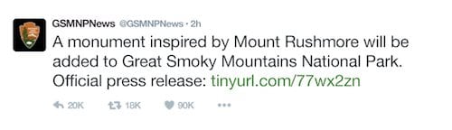 A tweet from GSMNPNews about the new monument in the Smoky Mountains.