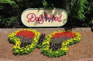 Butterfly flower arrangement at Dollywood entrance.